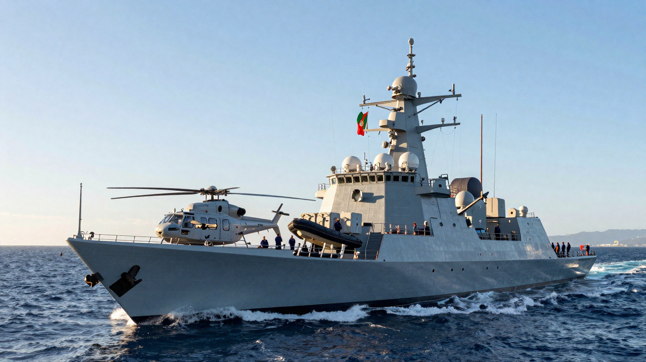 Navio de guerra cinza com helicóptero no convés navegando em mar aberto sob céu claro.