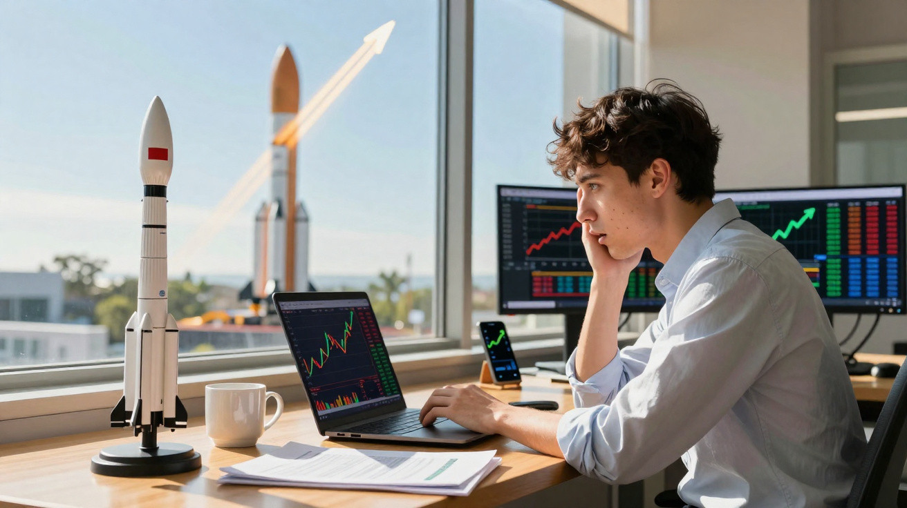 Jovem analisando gráficos financeiros em laptop e monitores com modelo de foguete na mesa próxima à janela.