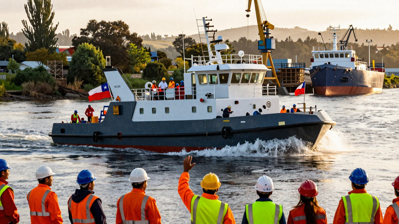 Pessoas com coletes e capacetes observam e acenam para um barco cinza e branco navegando em um rio.