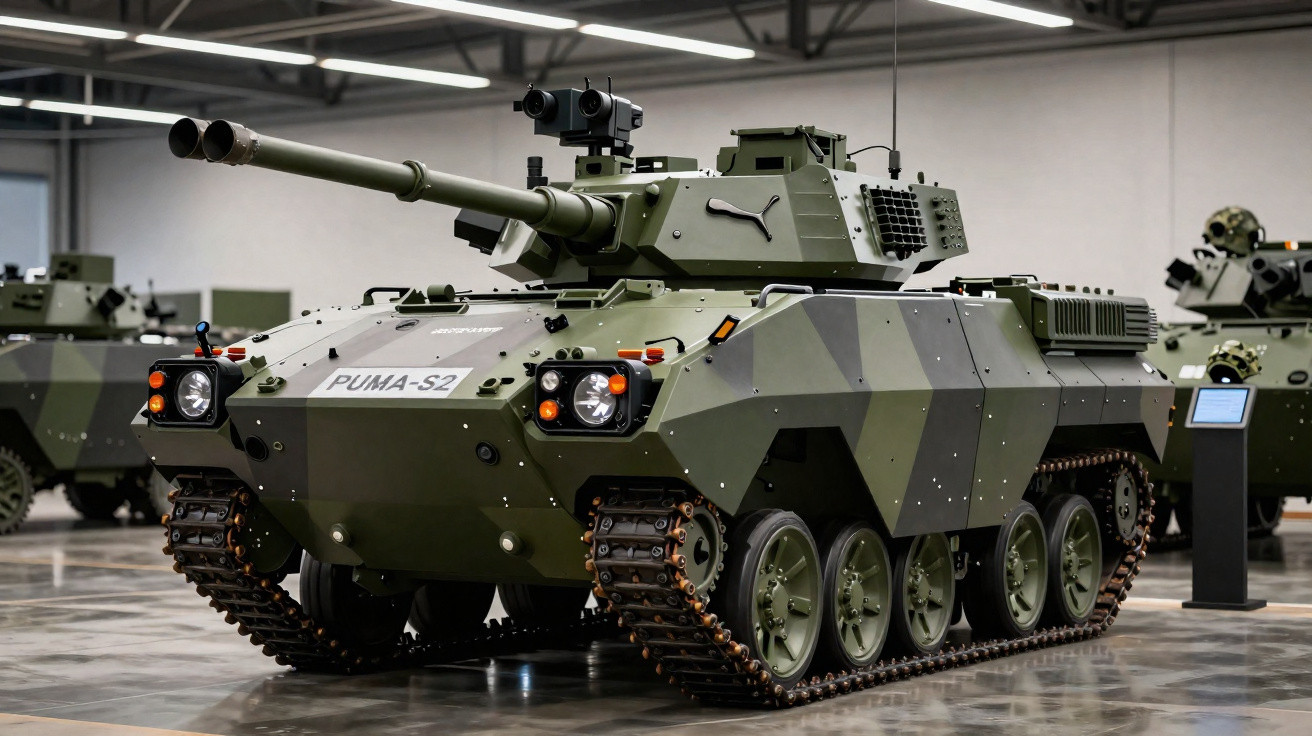 Veículo blindado de combate PUMA-S2 verde com canhão e esteiras exposto em galpão.