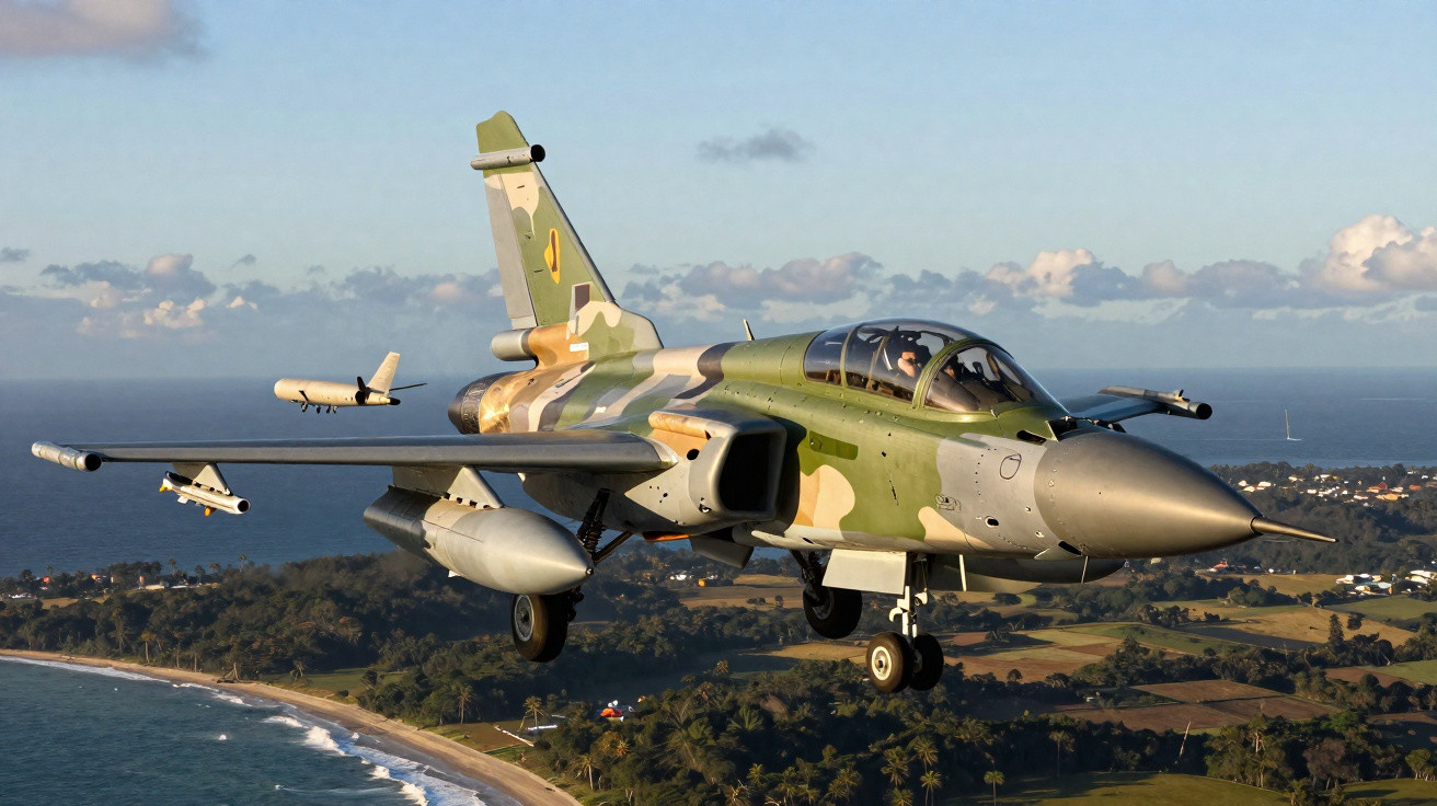 Avião militar de caça camuflado voando sobre área costeira com mar e vegetação ao fundo.