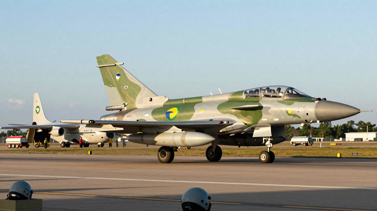 Caça militar com camuflagem verde e cinza taxiando em pista de aeroporto ao entardecer.