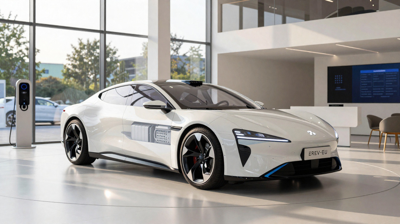 Carro elétrico branco moderno estacionado em ambiente interno com carregador conectado ao fundo.