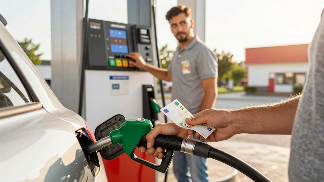 Pessoa abastecendo carro com bomba verde em posto de gasolina, enquanto funcionário observa.