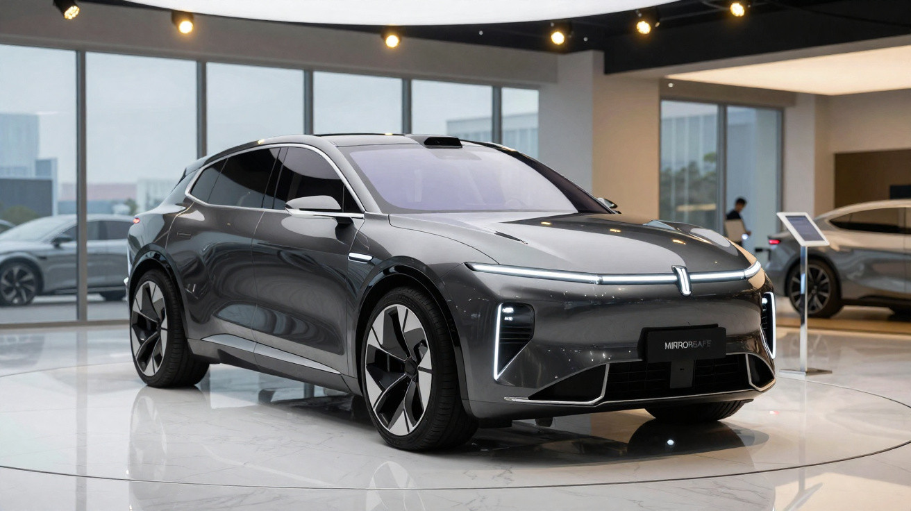 Carro elétrico cinza escuro com design futurista exposto em showroom moderno e iluminado.