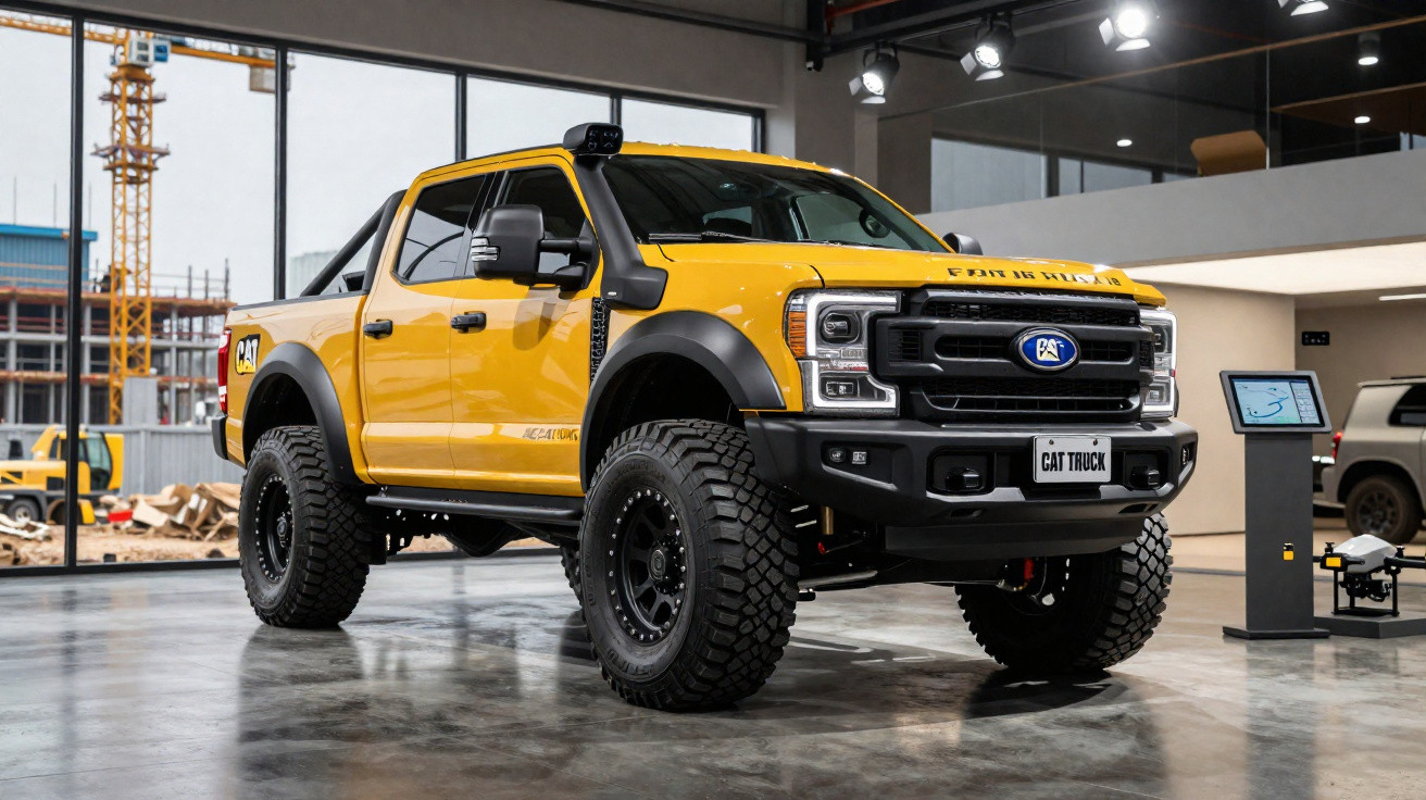 Picape amarela grande com pneus off-road em ambiente interno moderno iluminado.