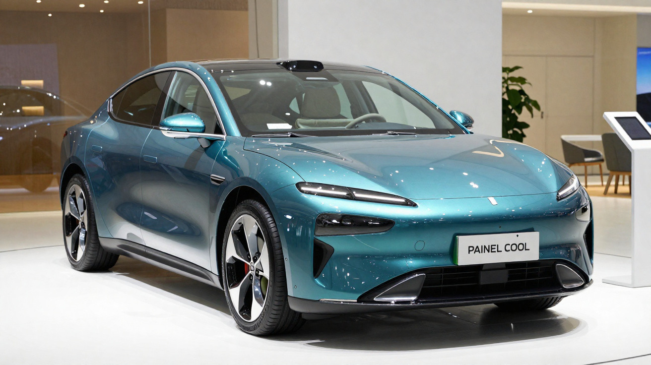 Carro elétrico azul metálico moderno em exposição, com design aerodinâmico e faróis estreitos.