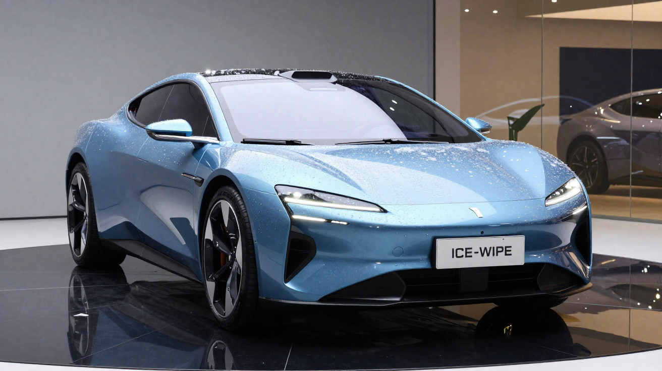 Carro esportivo azul metálico moderno com faróis afilados exibido em ambiente interno.