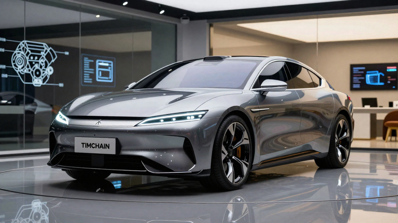 Carro elétrico esportivo prata moderno com faróis LED em showroom tecnológico.