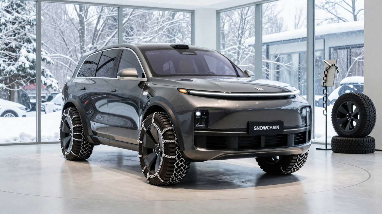 Carro SUV cinza com correntes de neve nos pneus exibido em showroom com neve do lado de fora.