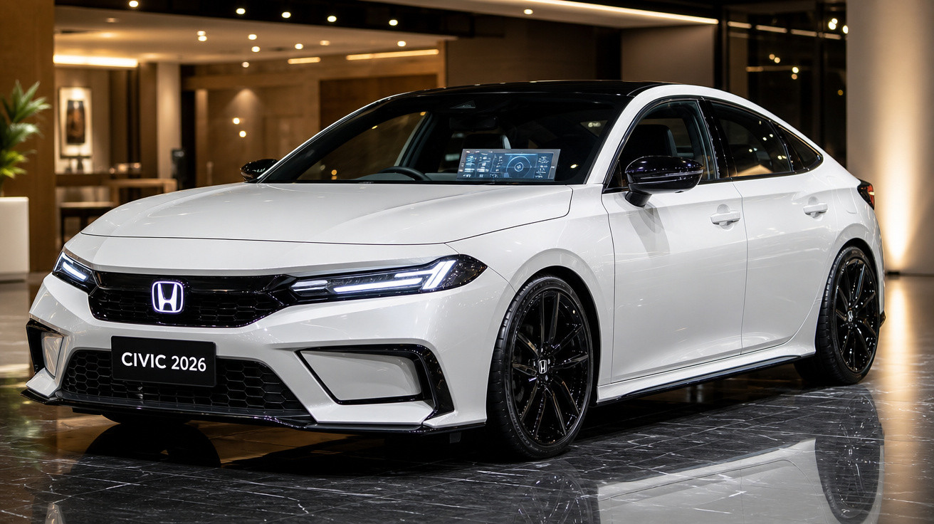 Honda Civic 2026 branco com rodas pretas exibido em showroom moderno e iluminado.