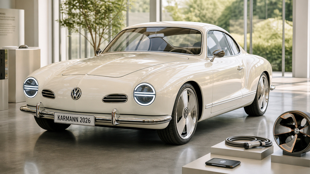 Carro Volkswagen Karmann 2026 branco exposto em ambiente moderno com iluminação natural.