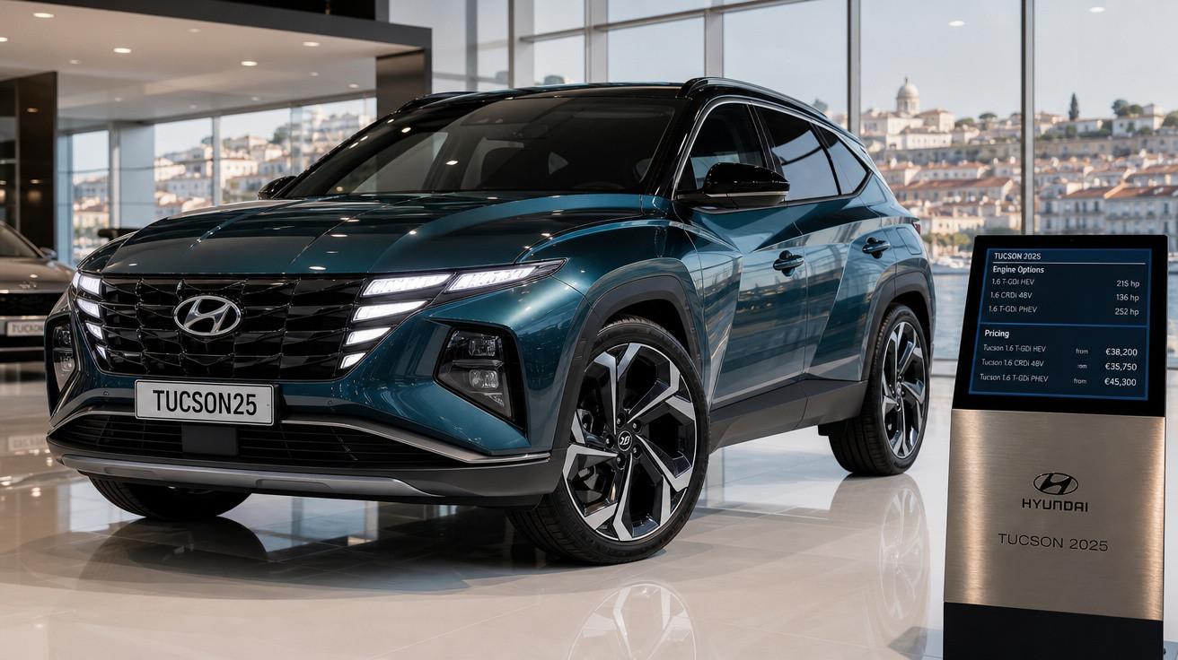 Carro Hyundai Tucson 2025 azul escuro em exposição na concessionária com placa Tucson25.