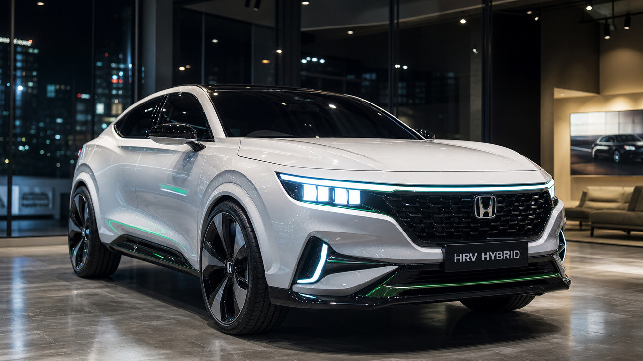 Carro Honda HR-V Hybrid branco, esportivo, com faróis de LED acesos em showroom moderno à noite.