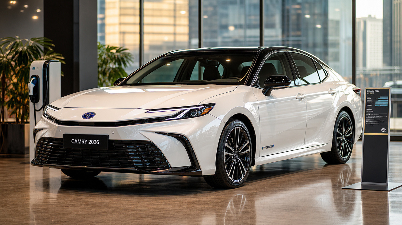 Carro branco Toyota Camry 2026 em showroom moderno com iluminação natural e carregador elétrico ao fundo.