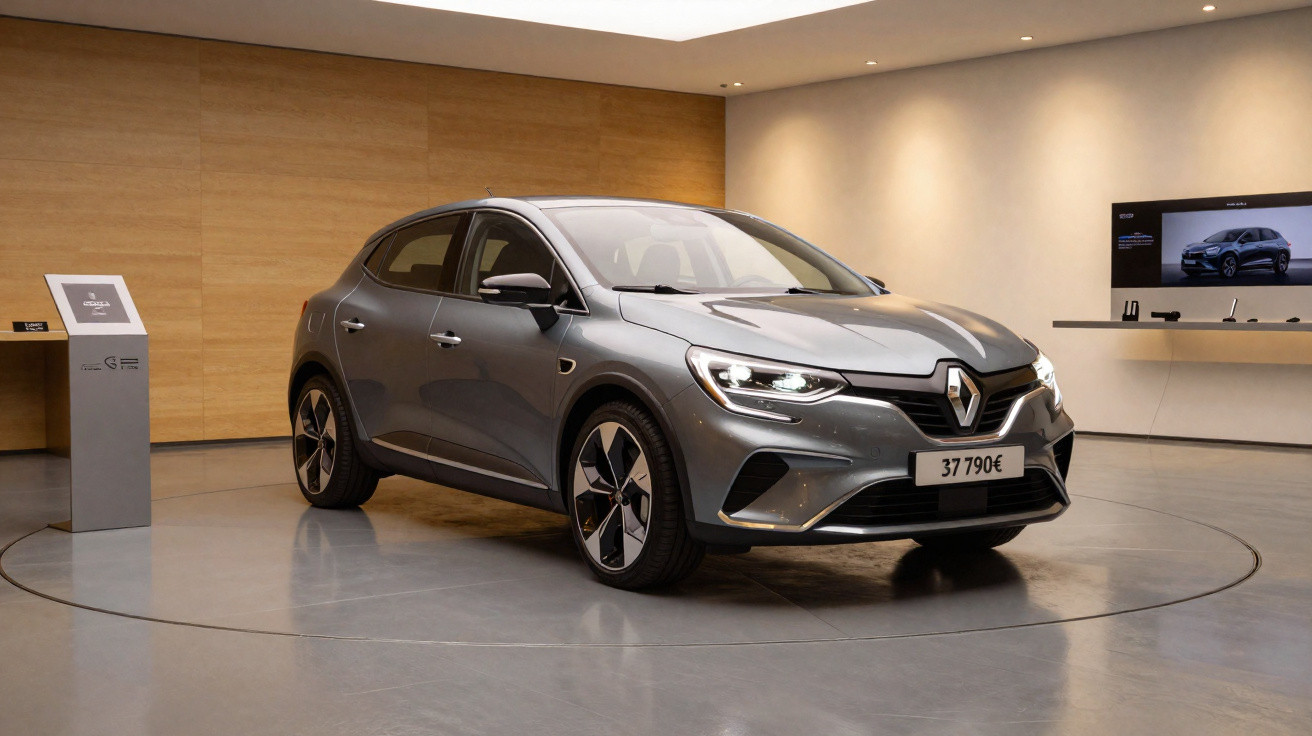 Carro elétrico Renault cinza em exposição moderna com iluminação suave e suporte informativo ao lado.