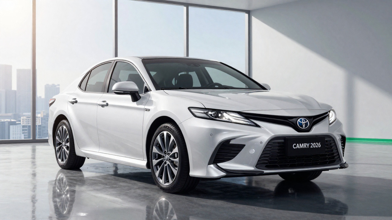 Carro sedan branco Toyota Camry 2026 em ambiente interno com piso refletivo e janela grande ao fundo.