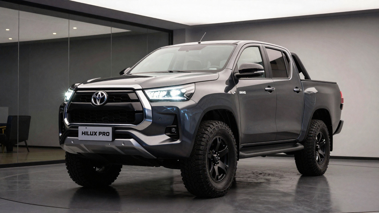 Picape Toyota Hilux Pro cinza escuro em ambiente interno com faróis acesos.