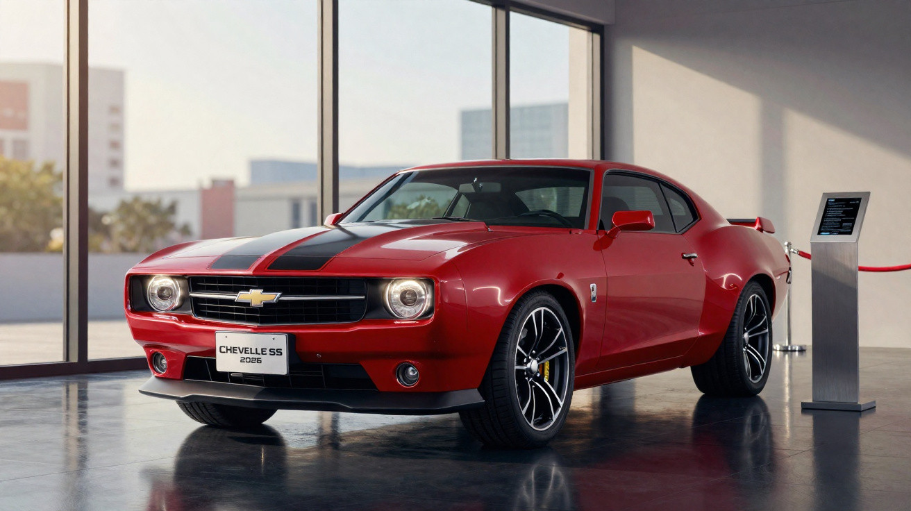 Carro vermelho Chevrolet Chevelle SS 2026 exposto em showroom moderno com detalhes pretos.