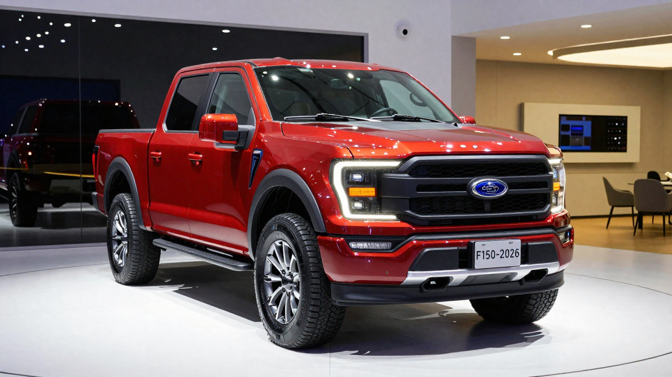 Picape Ford F-150 vermelha em exposição, com design moderno e iluminação marcante.