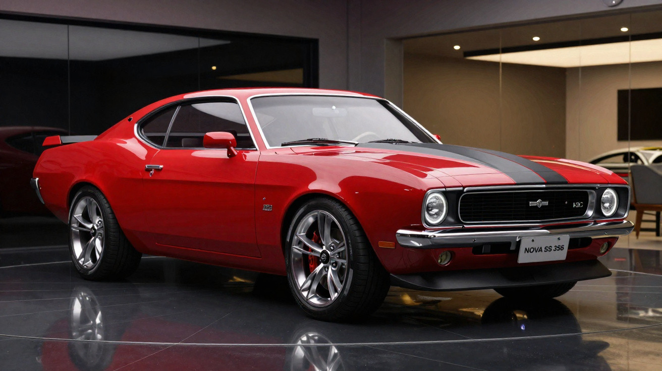 Carro esportivo clássico vermelho com detalhe faixa preta e rodas cromadas em ambiente interno moderno.