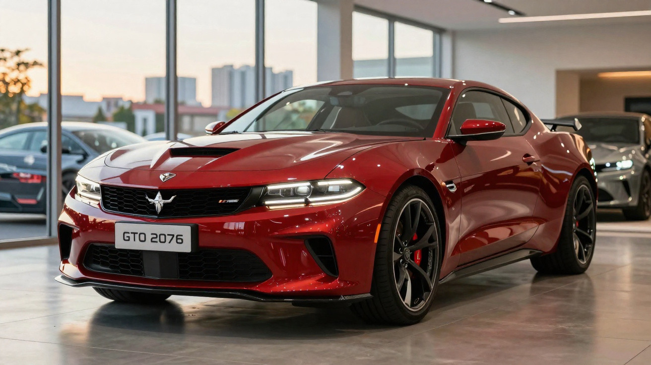 Carro esportivo vermelho brilhante modelo GTO 2076 em showroom moderno com piso refletivo.