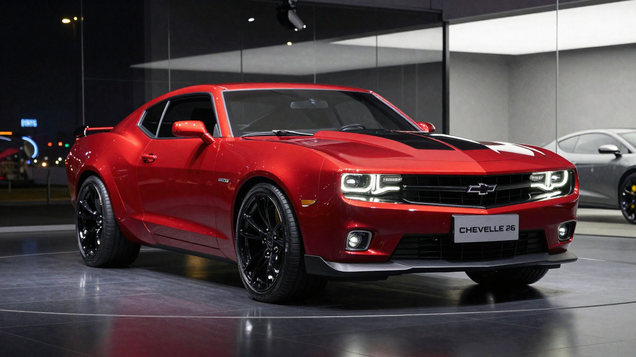 Carro esportivo vermelho Chevrolet Chevelle 26 exibido em showroom moderno com iluminação interna.