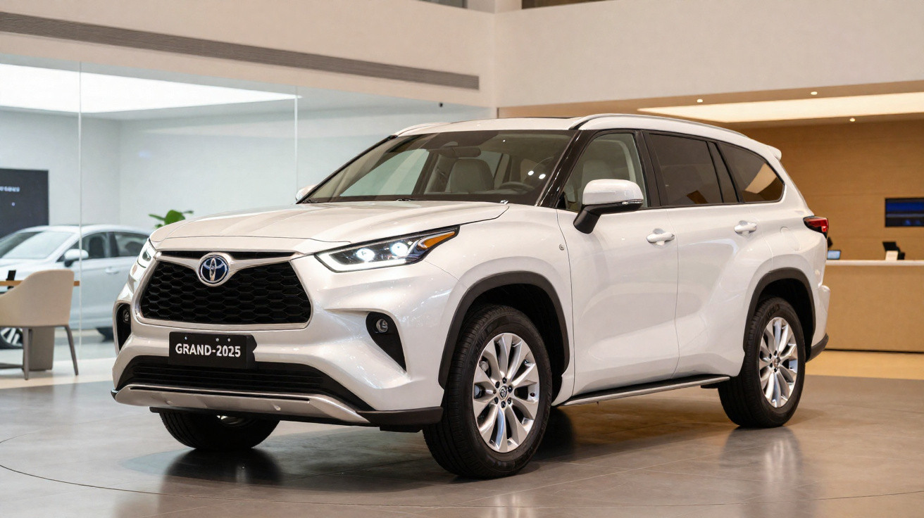 Toyota SUV branco modelo 2025 exibido em showroom moderno e iluminado.