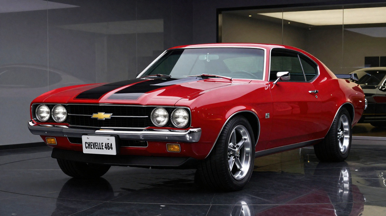 Carro clássico Chevrolet Chevelle 464 vermelho com faixa preta no capô em exposição interna.