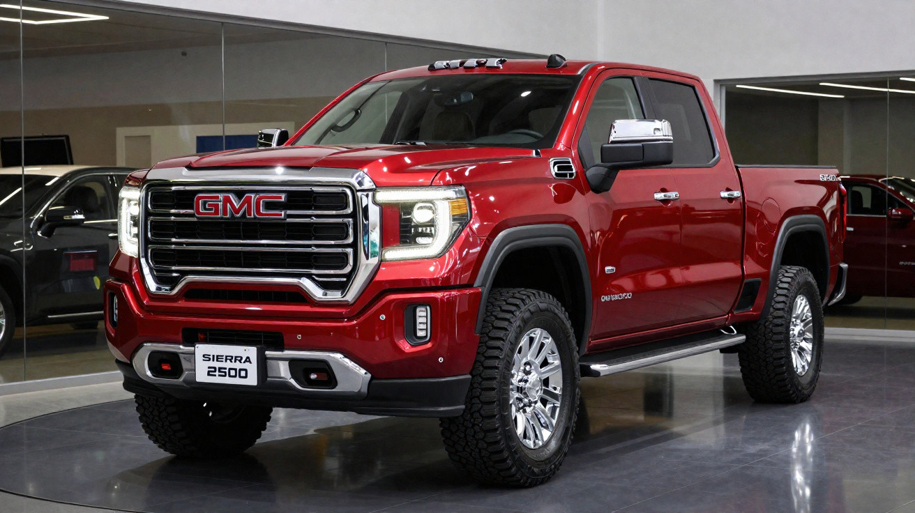Picape vermelha GMC Sierra 2500 em exposição com acabamento cromado e pneus grandes.