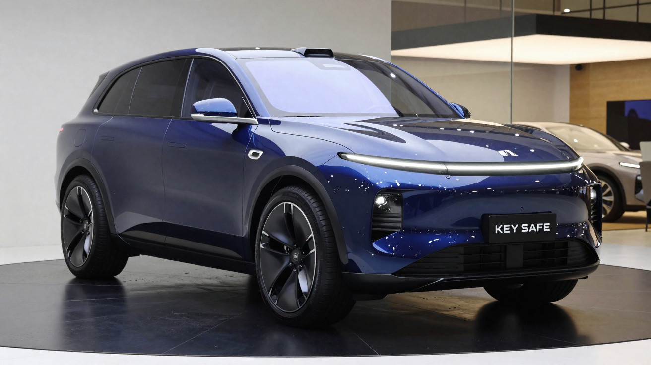 SUV elétrico azul Key Safe exibido em estande moderno de exposição automotiva.