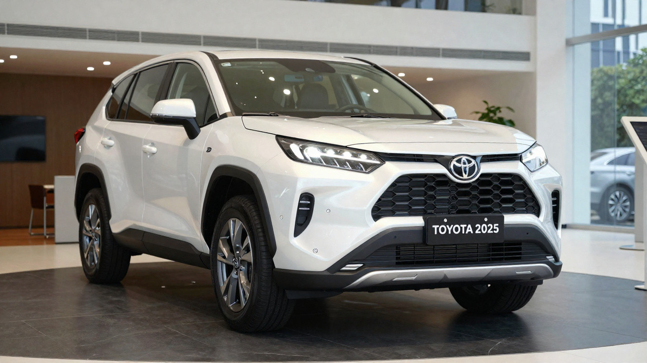 SUV Toyota branco modelo 2025 exibido em showroom moderno com iluminação interna.
