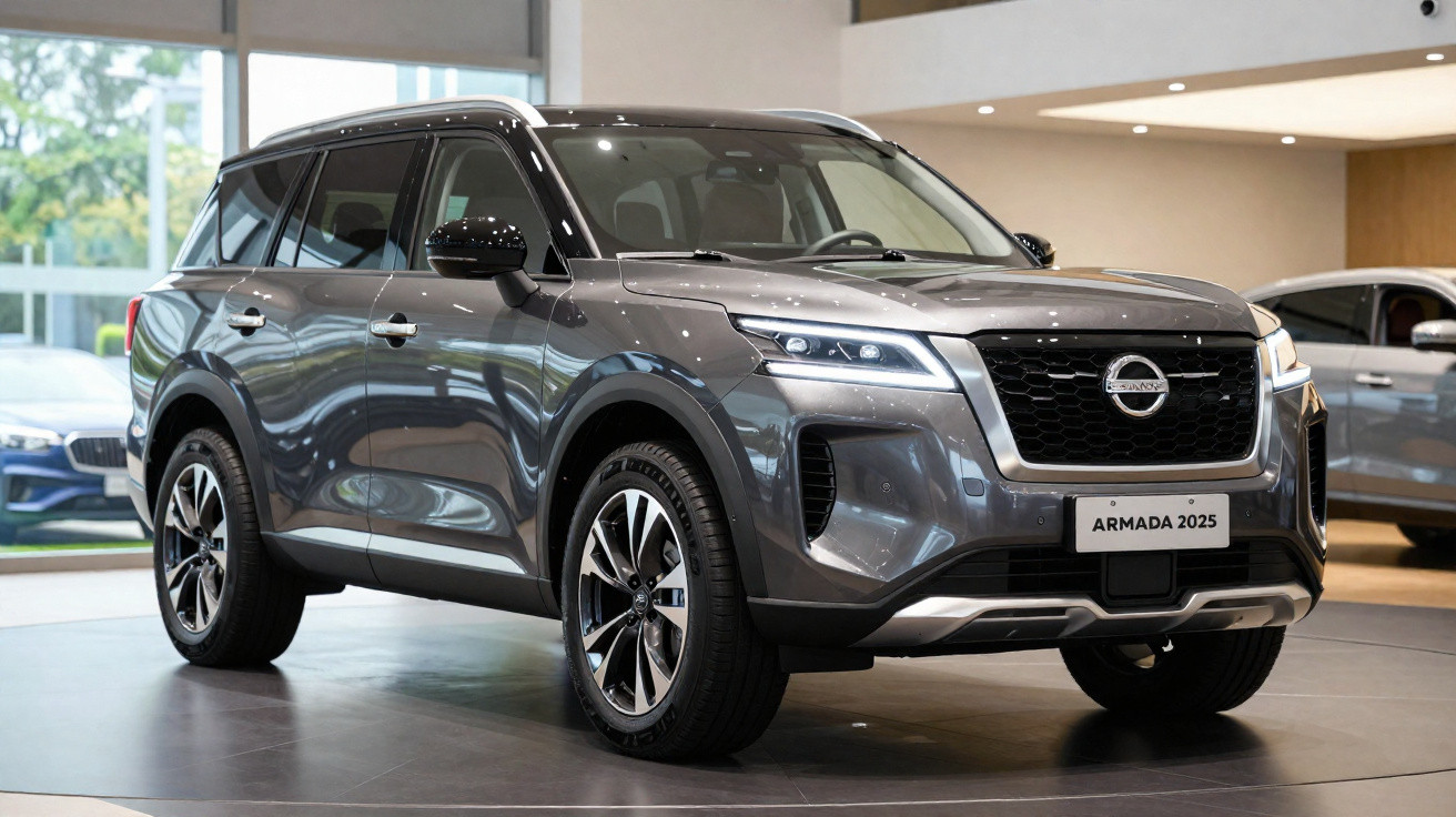 SUV Nissan Armada 2025 cinza estacionado dentro de showroom com teto alto e iluminação clara.