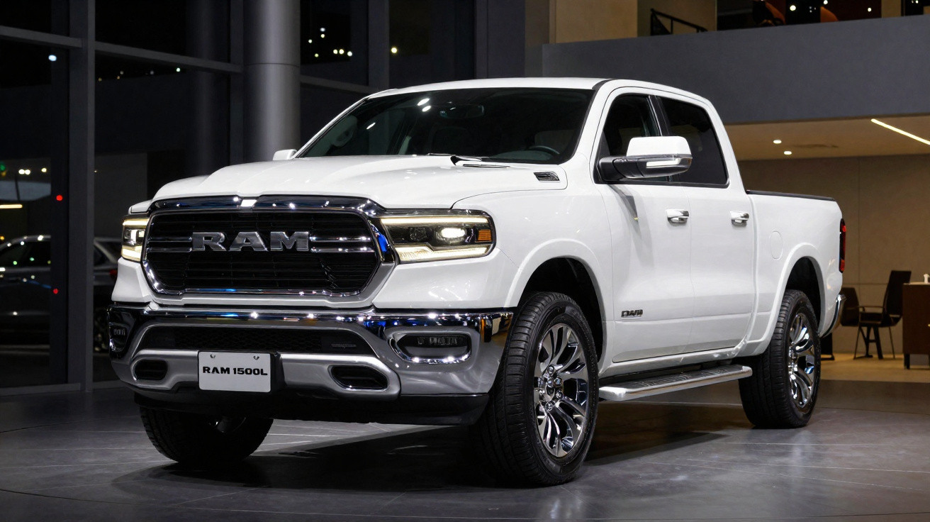 Picape branca RAM 1500L em exposição interna com iluminação destacando detalhes do veículo.