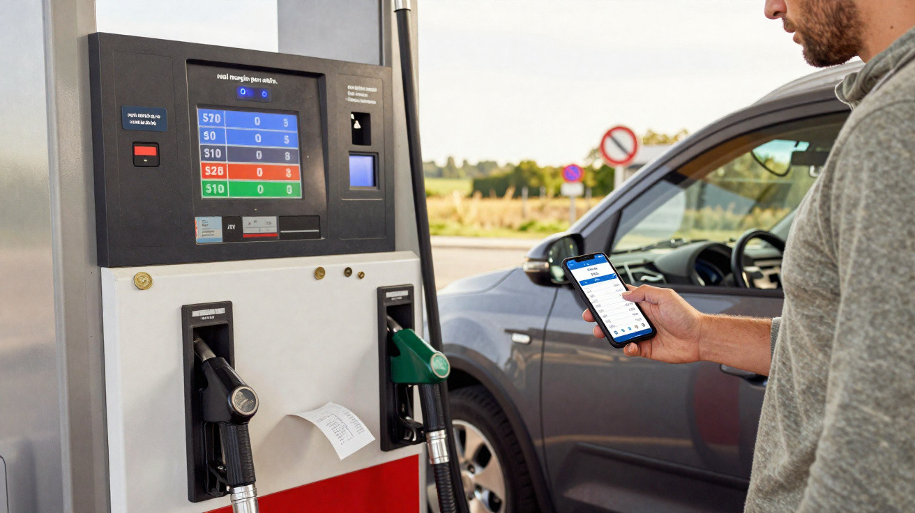 Homem segurando celular ao lado de bomba de combustível em posto de gasolina com carro estacionado.