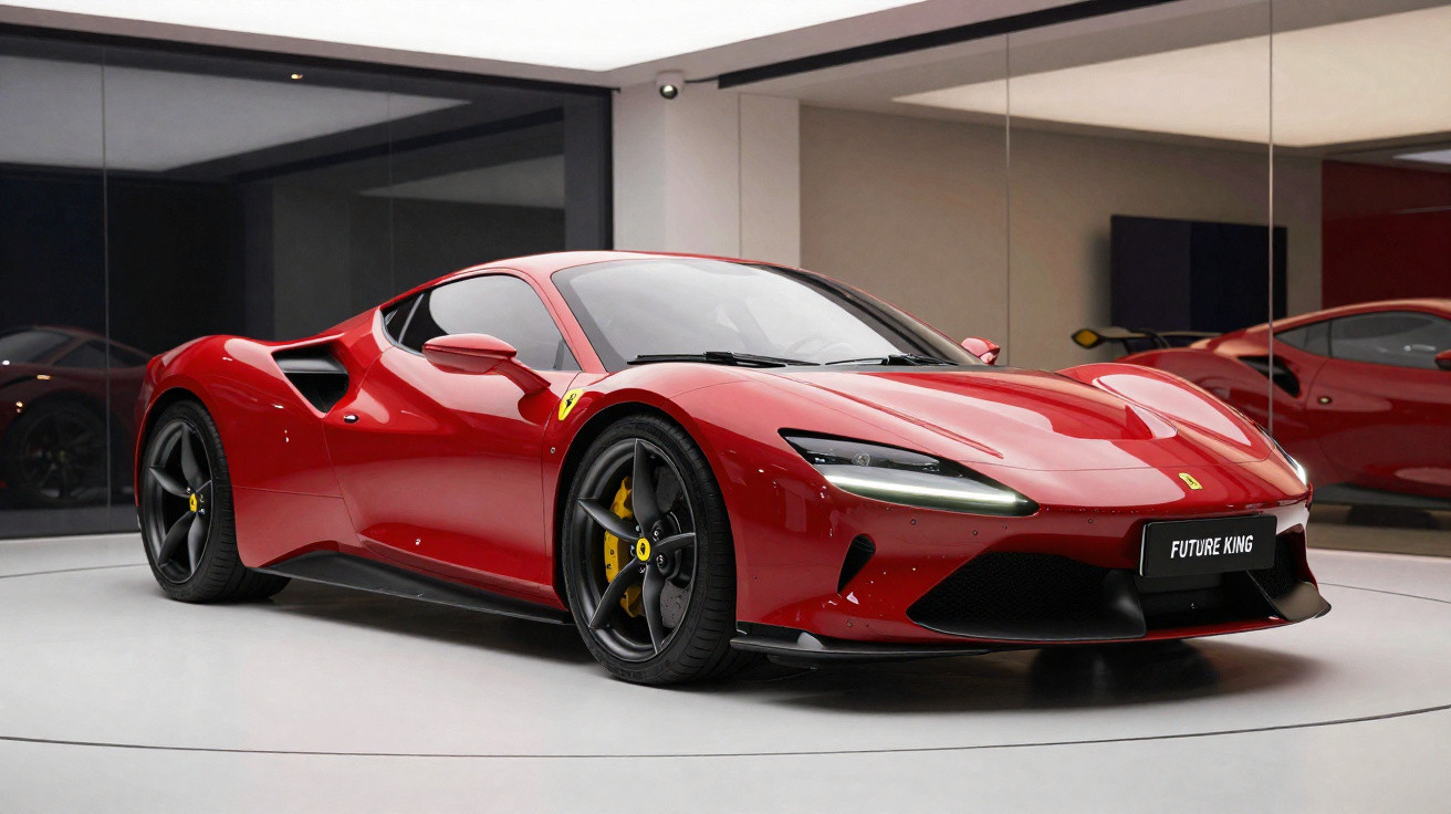 Carro esportivo vermelho Ferrari estacionado em ambiente interno com paredes espelhadas ao fundo.