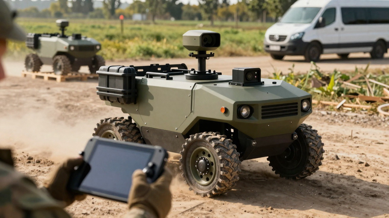 Robô terrestre autônomo verde com câmeras, controlado por tablet em ambiente externo de terra.