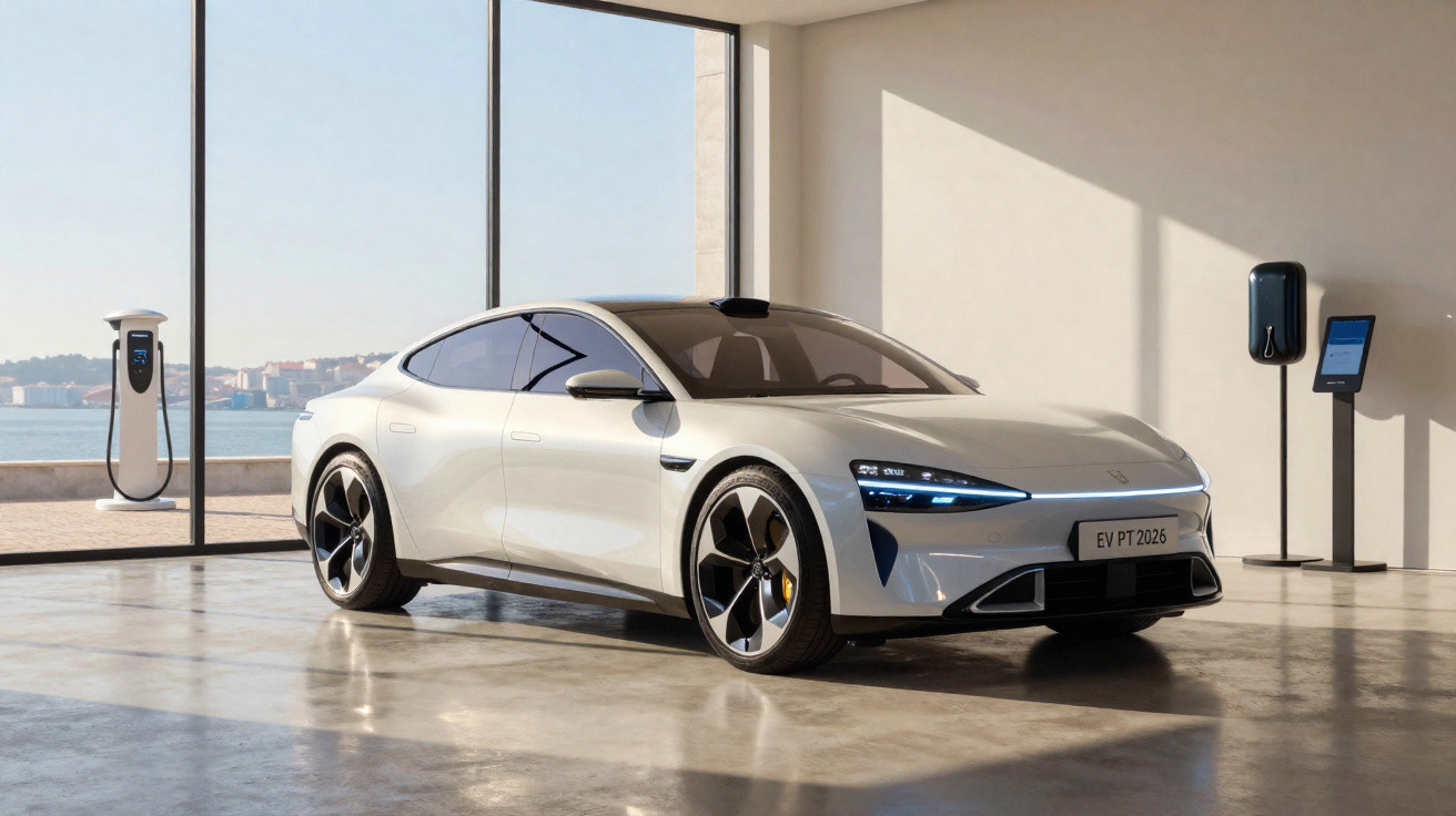 Carro elétrico branco estacionado em garagem moderna com piso de concreto e carregadores próximos à janela.