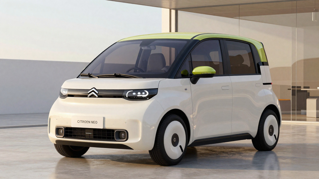 Carro elétrico Citroën Ami Neo branco com teto verde em ambiente moderno e minimalista.