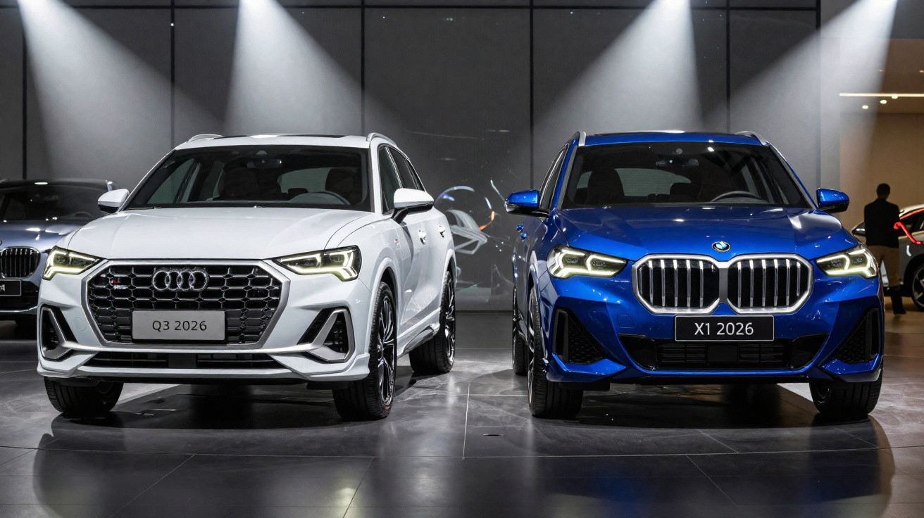 Carros Audi Q3 branco e BMW X1 azul exibidos em ambiente interno iluminado.