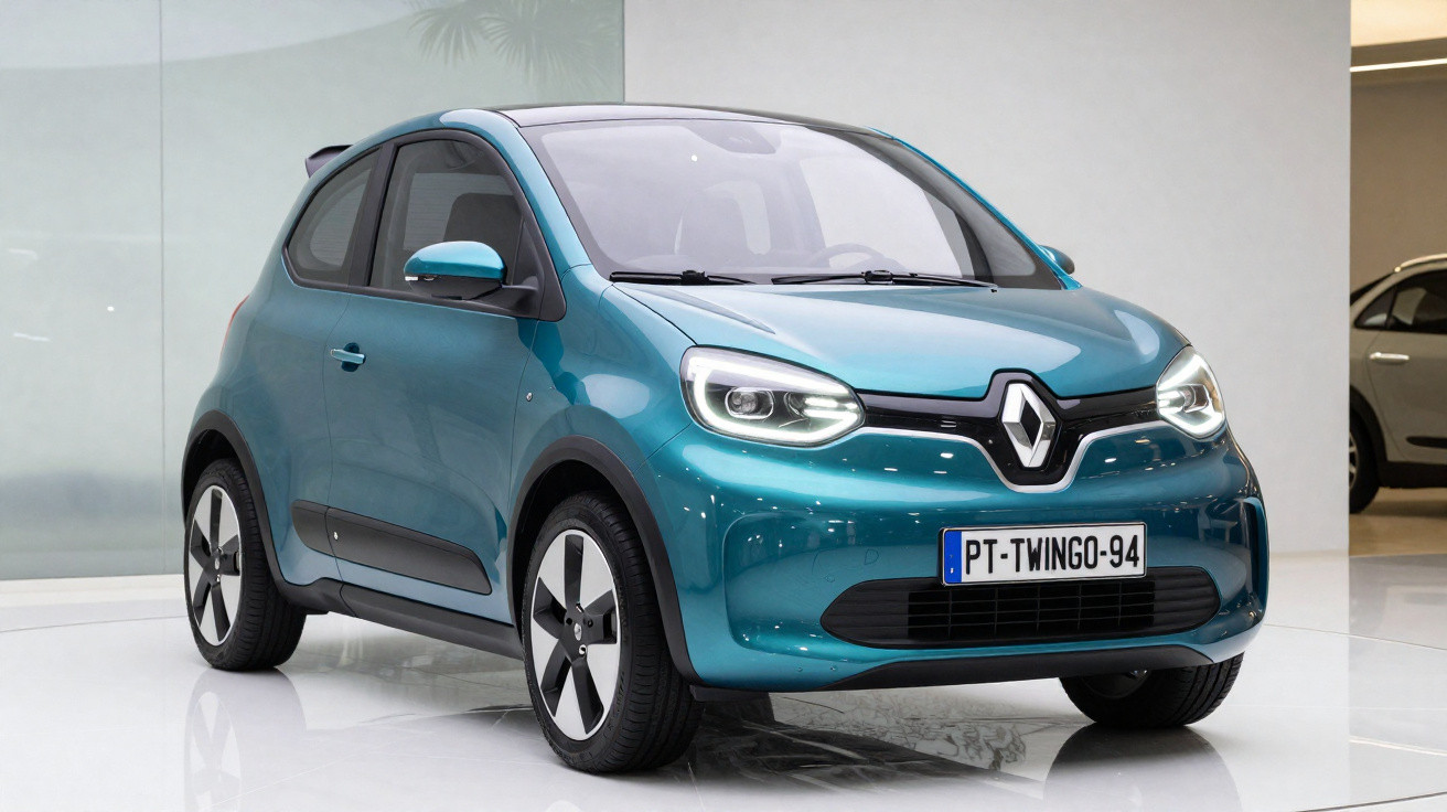 Carro Renault Twingo azul metálico em exposição, vista frontal e lateral direita.
