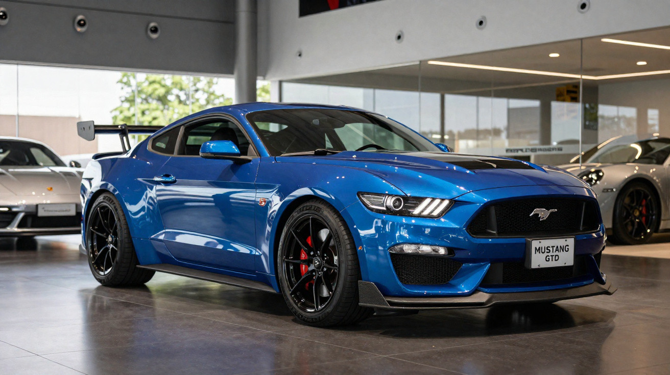 Carro esportivo Ford Mustang GTD azul em exposição interna com rodas pretas e aerofólio traseiro.