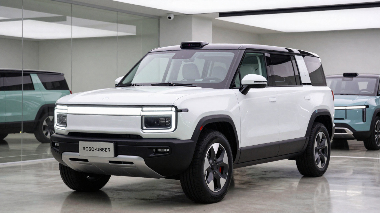 SUV elétrico branco estacionado em showroom com carro azul refletido no vidro ao fundo.
