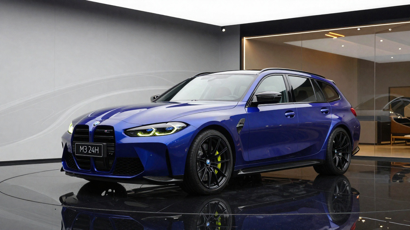 Carro esportivo BMW M3 Touring azul estacionado em ambiente interno moderno com piso preto brilhante.