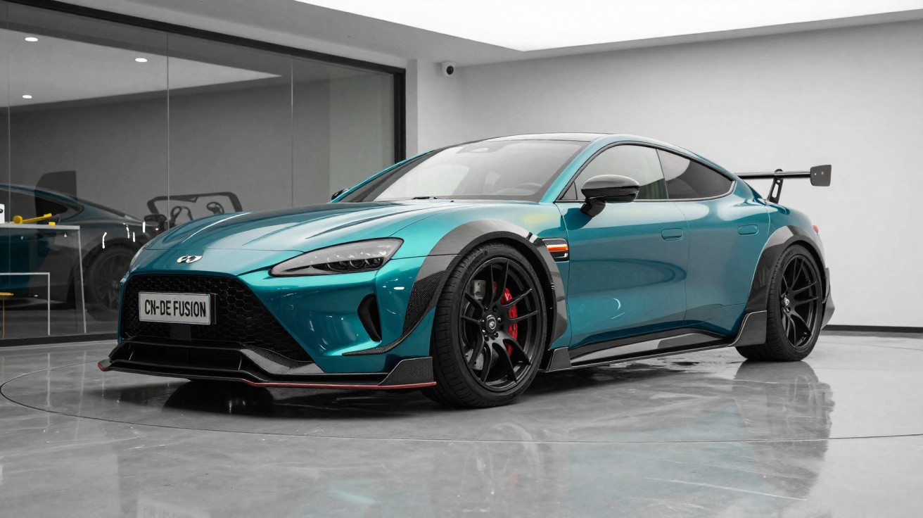 Carro esportivo azul metálico com detalhe preto, rodas pretas e aerofólio grande em ambiente interno.
