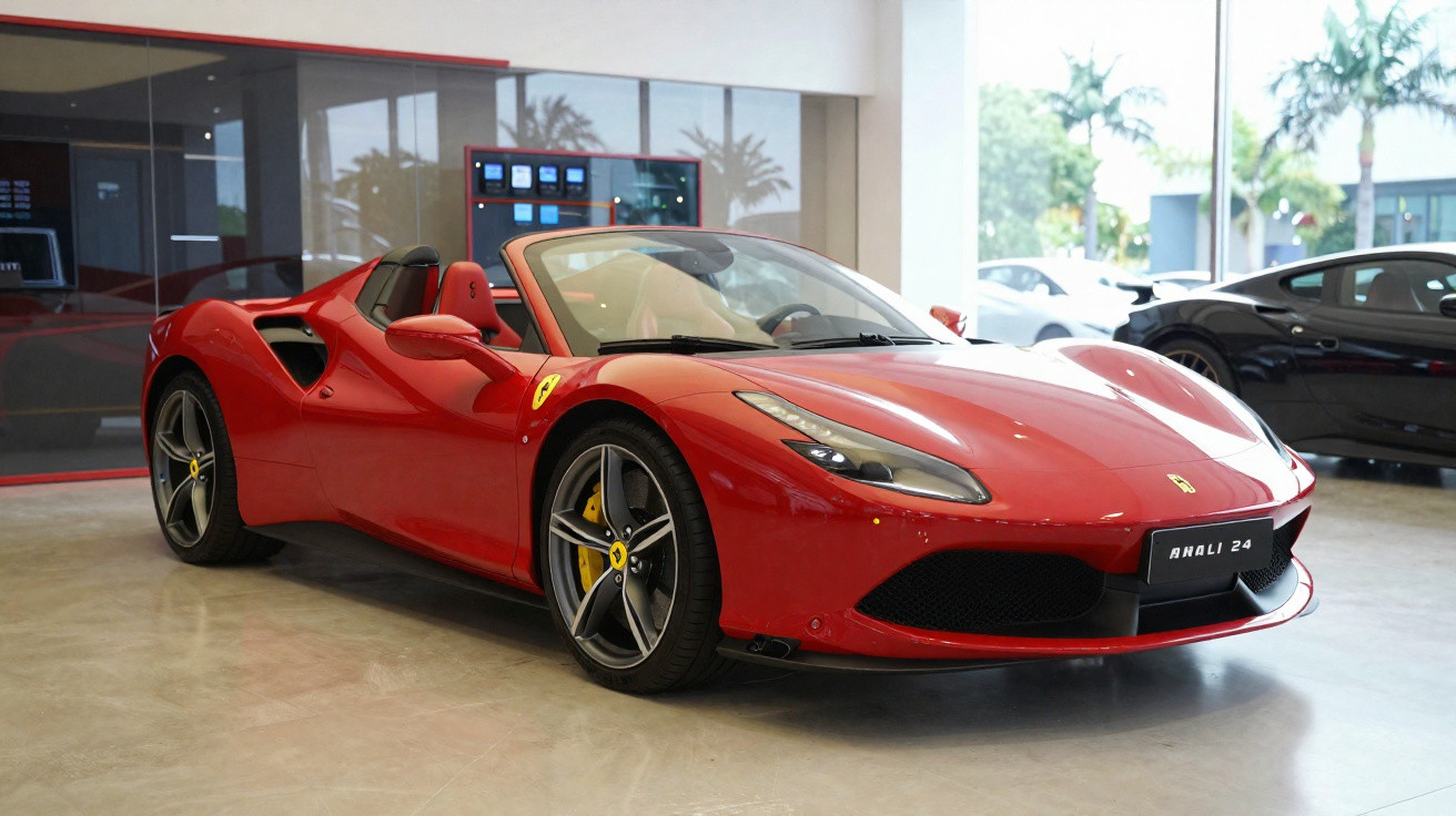 Carro esportivo conversível Ferrari vermelho em showroom moderno com piso de cimento polido.