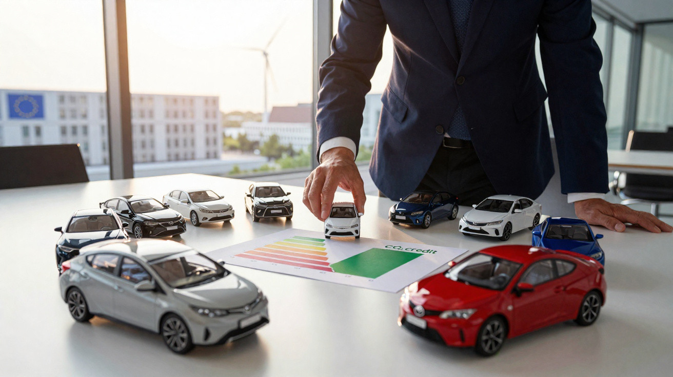 Pessoa em terno organizando miniaturas de carros sobre gráfico de eficiência energética em escritório moderno.