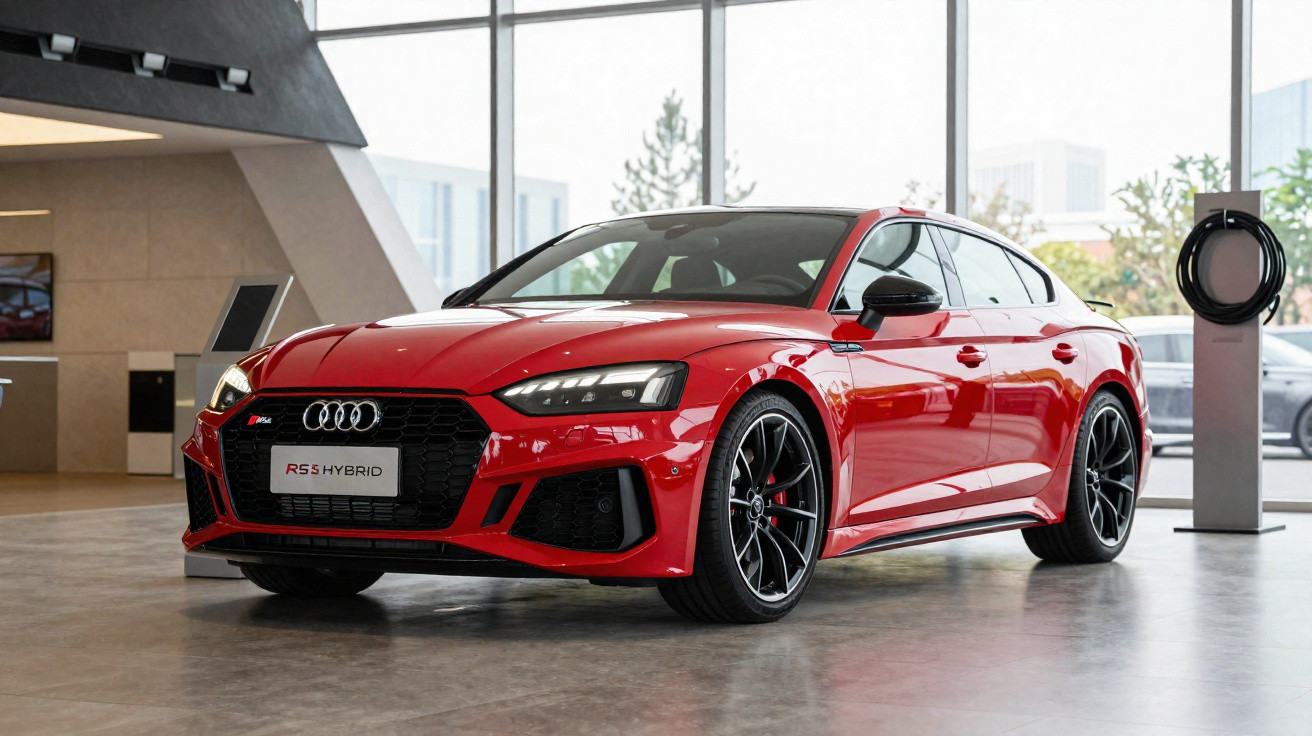 Carro Audi RS5 Hybrid vermelho exposto em showroom moderno com piso cinza e grandes janelas de vidro.