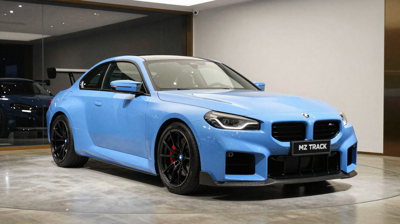 Carro esportivo BMW azul claro com rodas pretas em exposição em ambiente interno moderno.