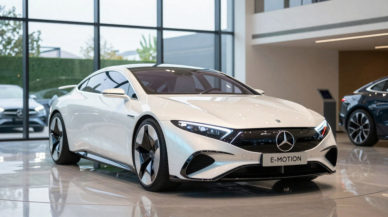 Carro elétrico esportivo Mercedes-Benz branco modelo E-Motion em showroom moderno e iluminado.